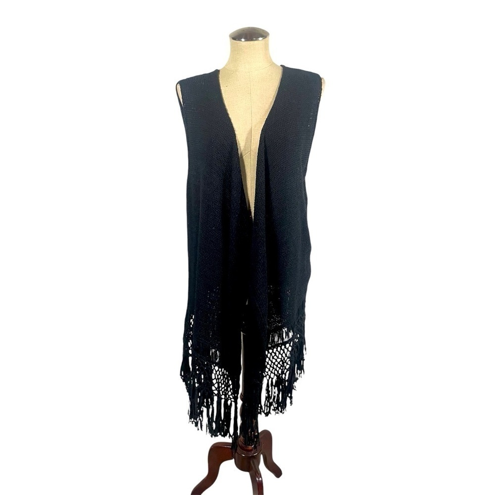 RELATIVITY SLEEVELESS CARDIGAN WITH FRINGE Size Large